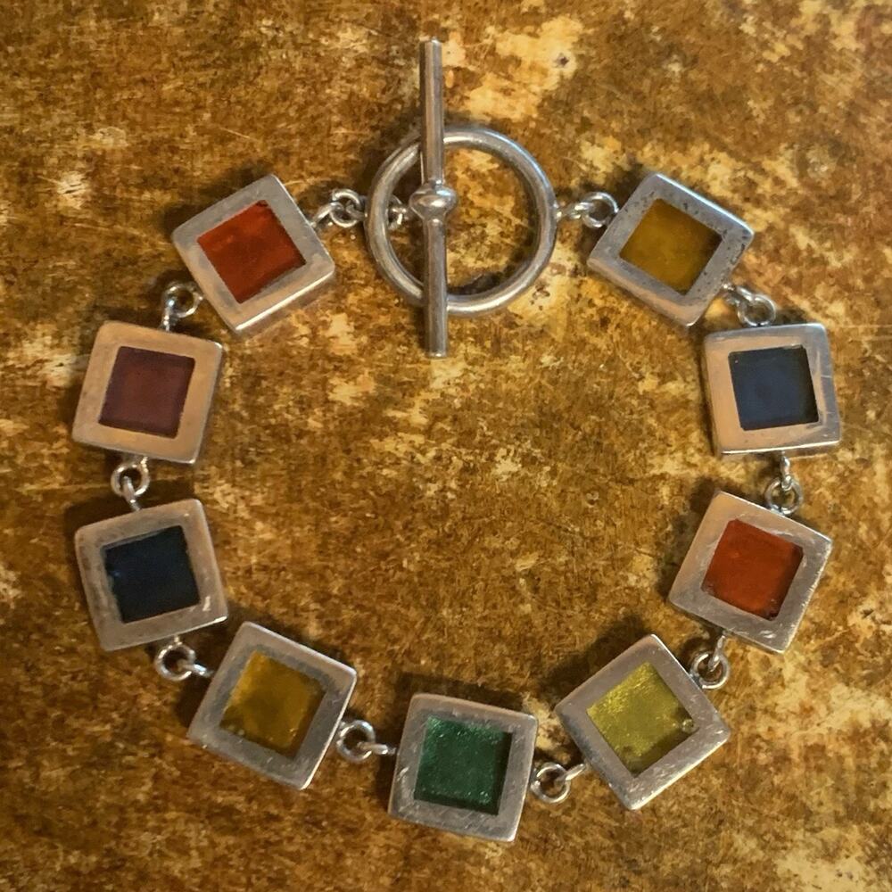 Sterling Silver Bracelet Multi Color Eclectic Linked Square w/ Slides Vintage